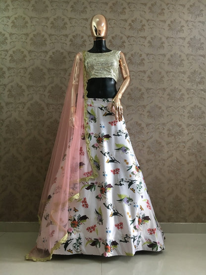 White heavy satin floral printed lehenga choli