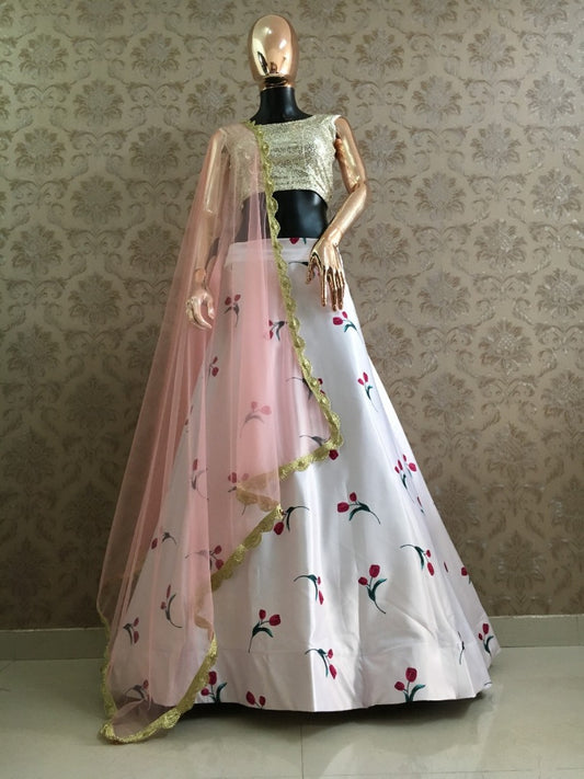 White heavy satin floral printed lehenga choli