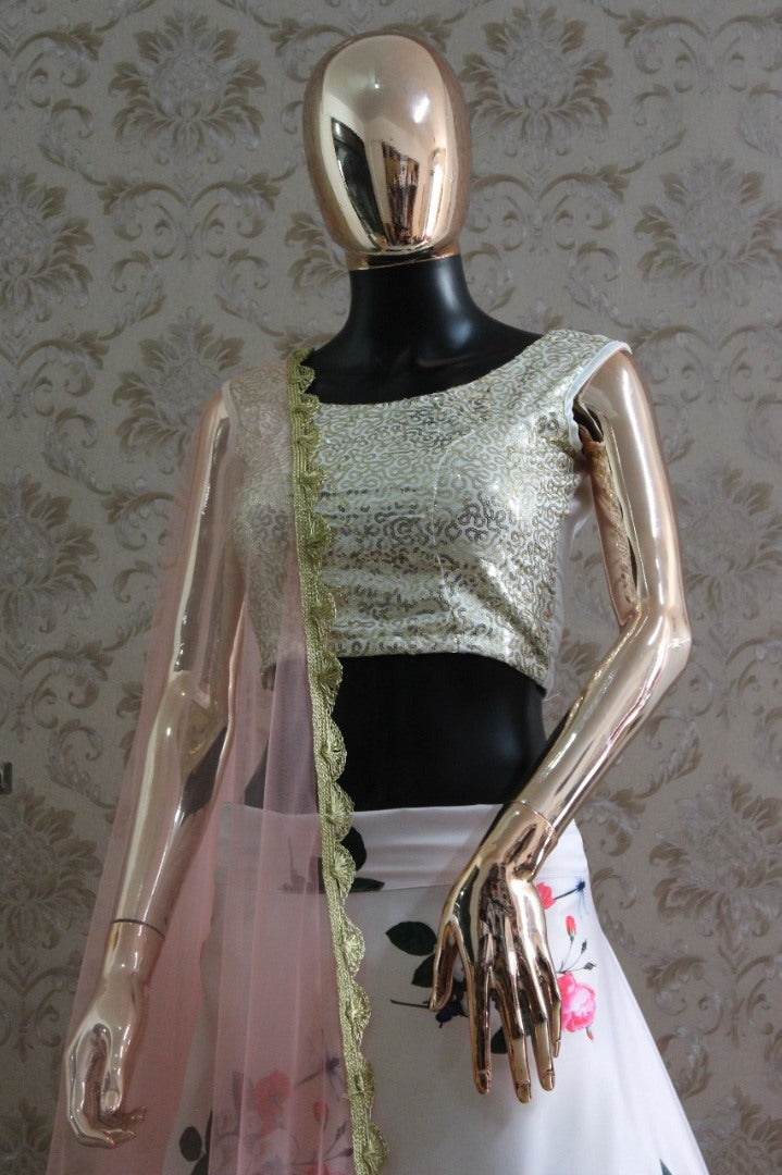 White heavy satin floral printed lehenga choli