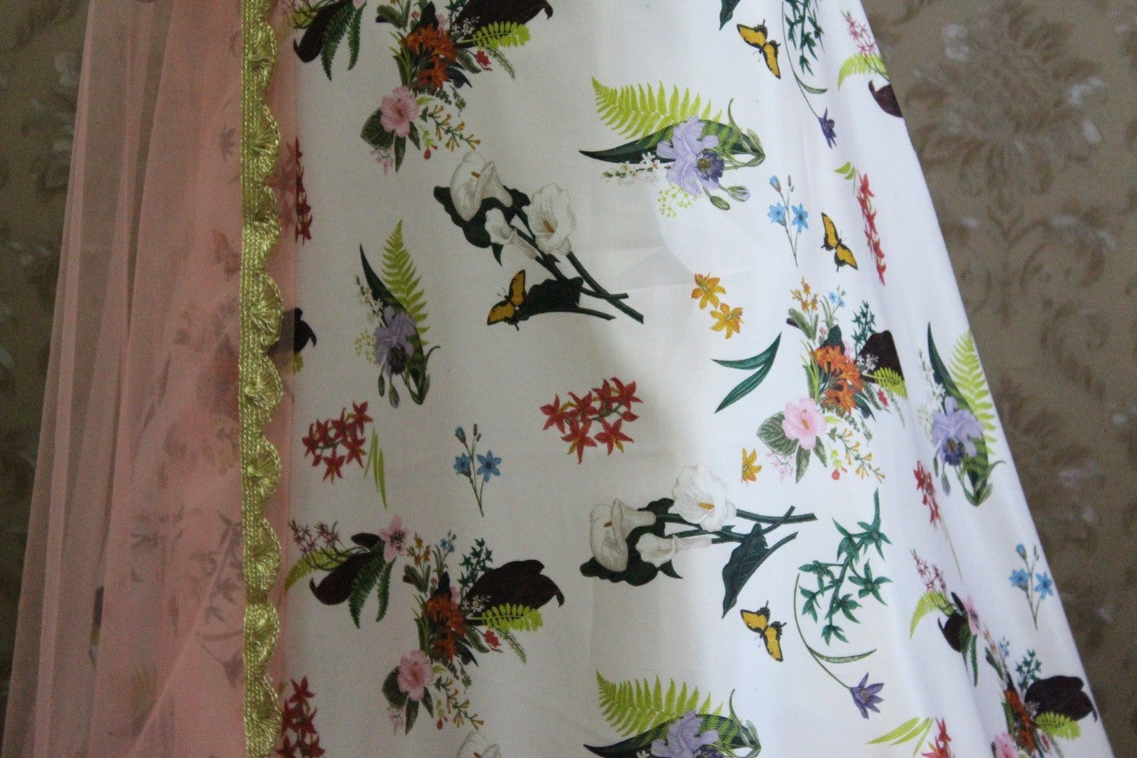 White heavy satin floral printed lehenga choli