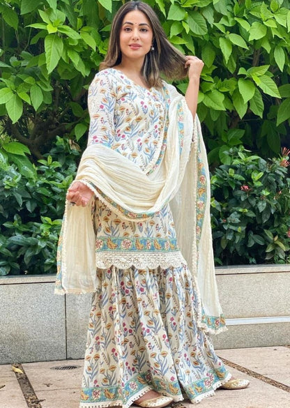 White heavy soft butter silk digital printed work sharara suit