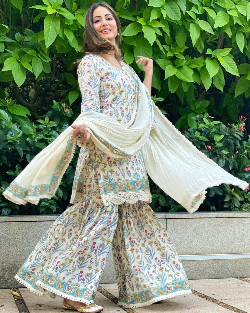 White heavy soft butter silk digital printed work sharara suit