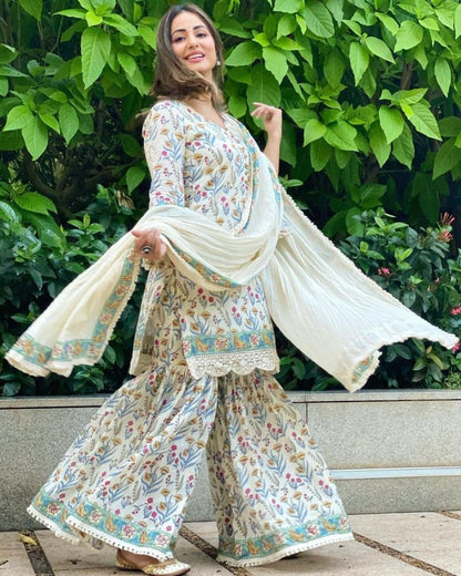 White heavy soft butter silk digital printed work sharara suit