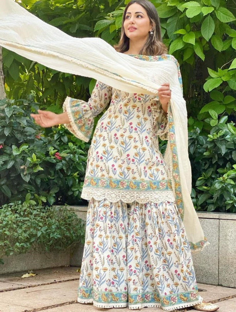 White heavy soft butter silk digital printed work sharara suit