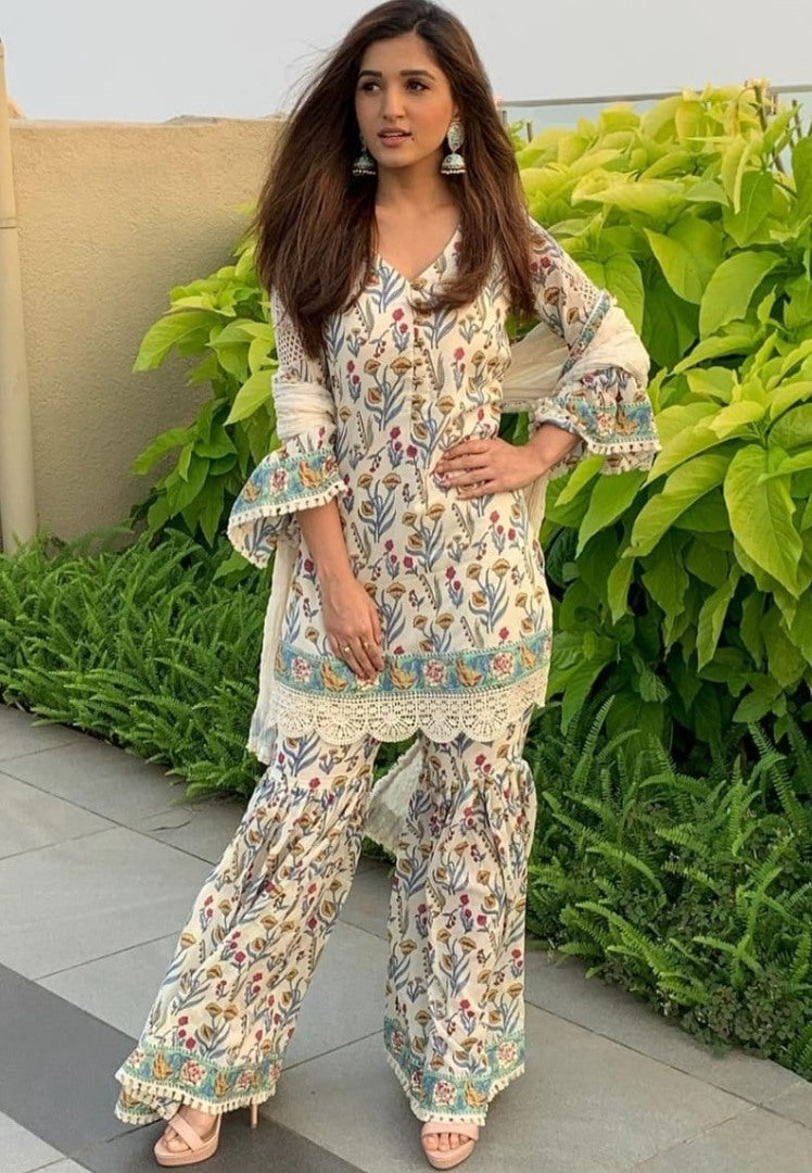 White heavy soft butter silk digital printed work sharara suit