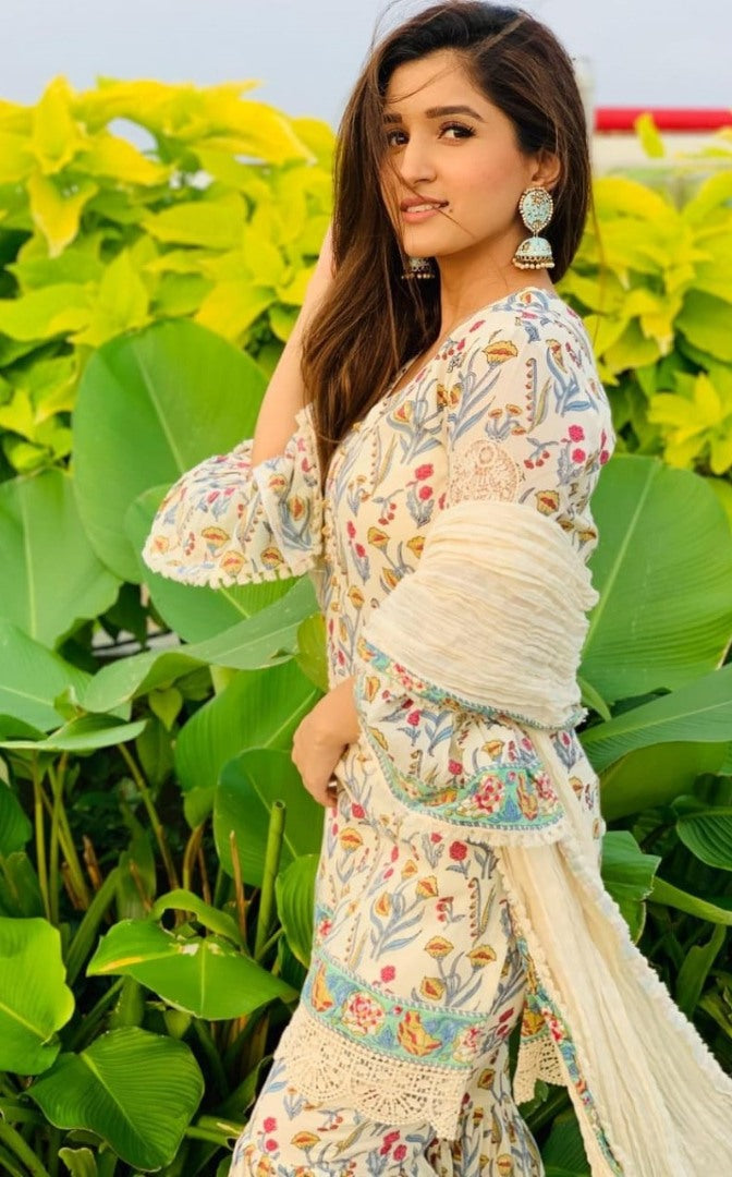 White heavy soft butter silk digital printed work sharara suit