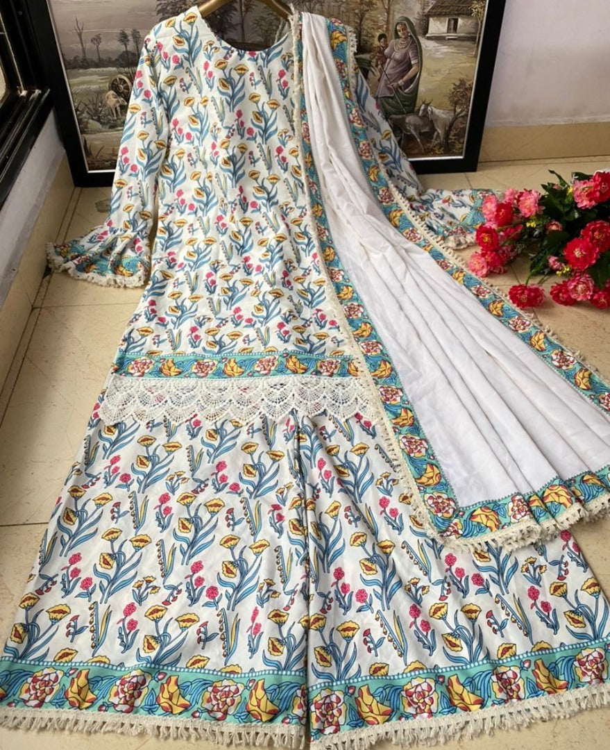 White heavy soft butter silk digital printed work sharara suit
