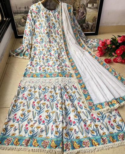White heavy soft butter silk digital printed work sharara suit