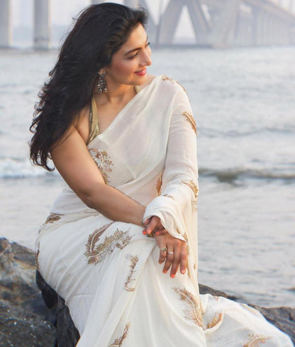 White heavy soft georgette sequence work saree