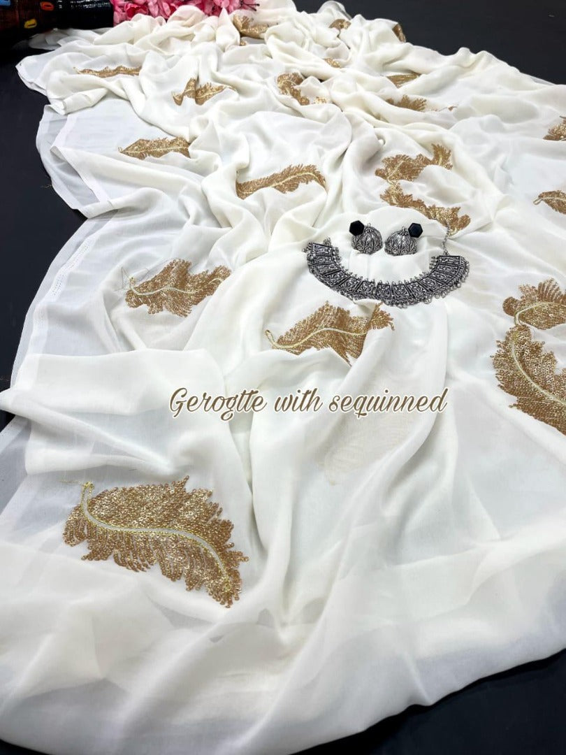 White heavy soft georgette sequence work saree