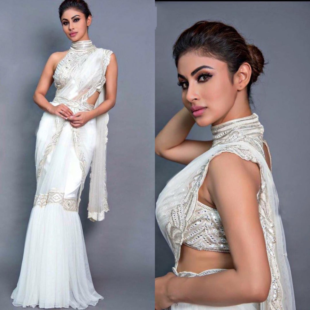 White heavy soft net designer saree