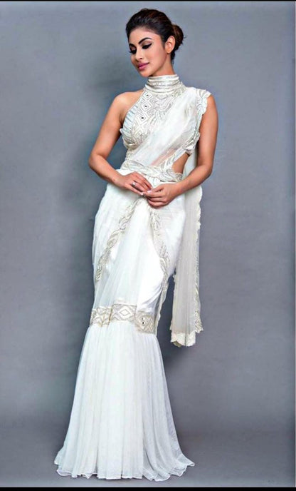 White heavy soft net designer saree