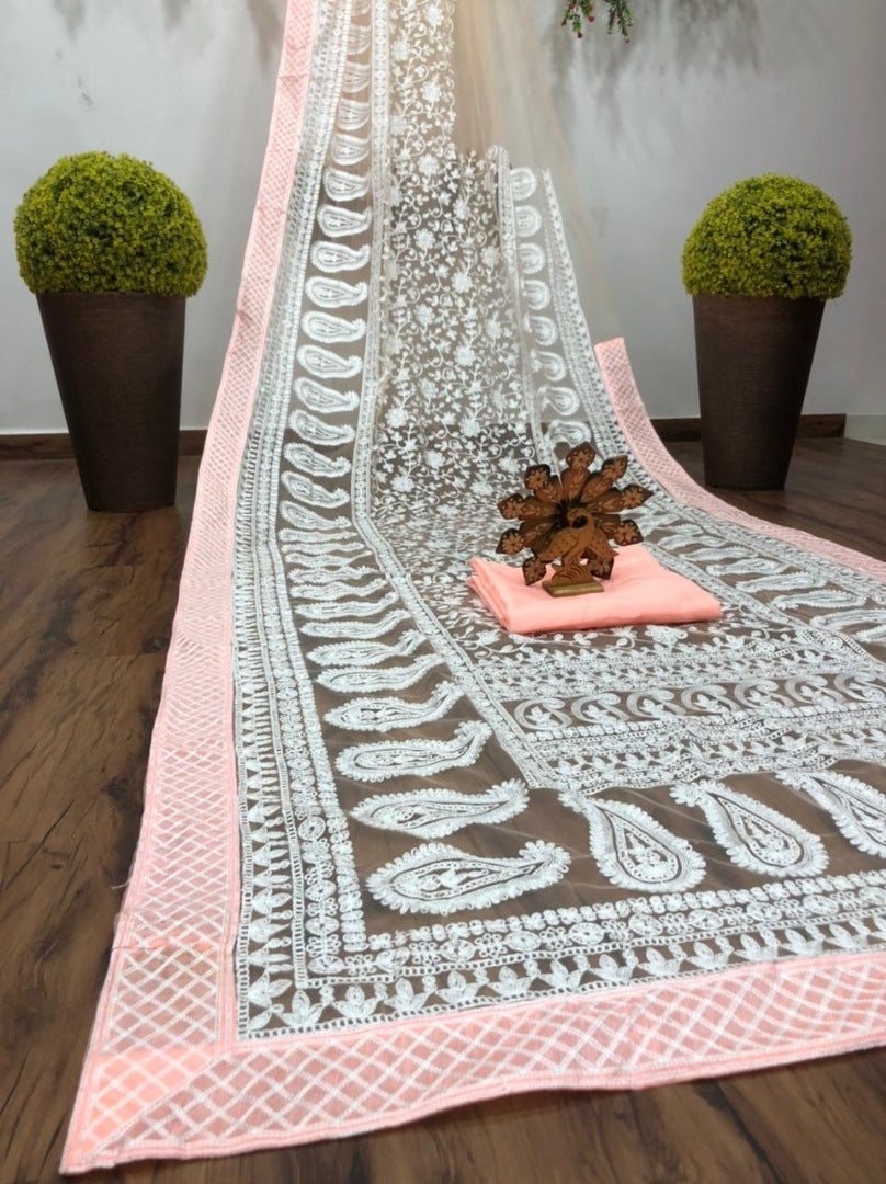 White heavy soft net embroidered saree