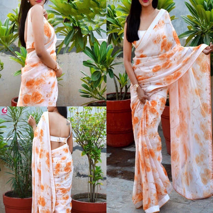 White heavy soft satin orange flower printed saree