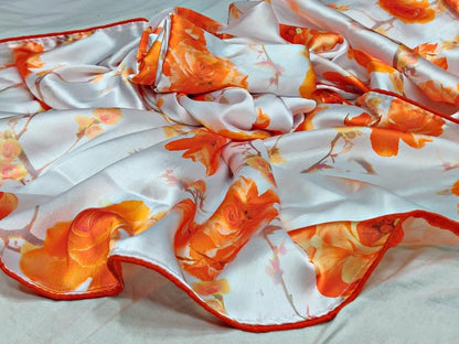White heavy soft satin orange flower printed saree