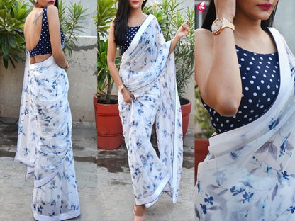 White heavy vichitra silk digital printed saree