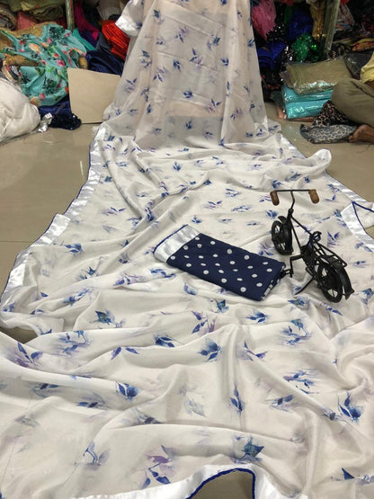 White heavy vichitra silk digital printed saree