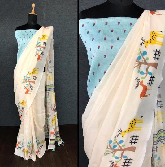 White imported cotton digital printed work saree