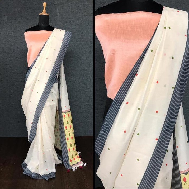 White imported cotton digital printed work saree