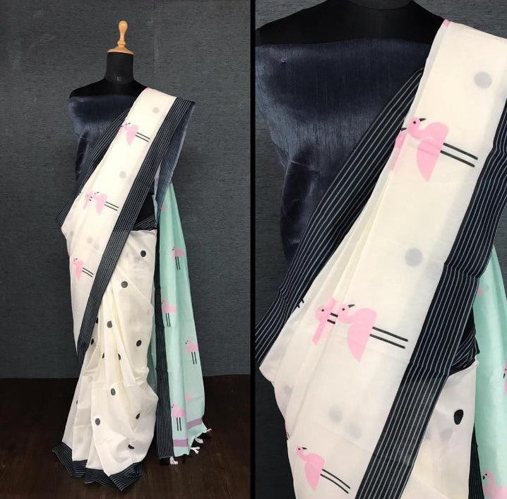 White imported cotton digital printed work saree
