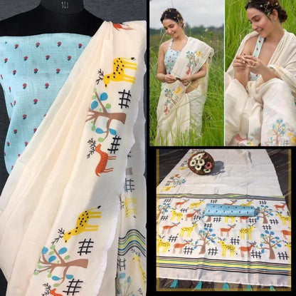 White imported cotton digital printed work saree