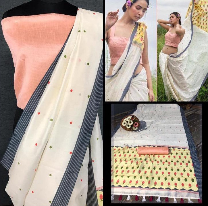 White imported cotton digital printed work saree