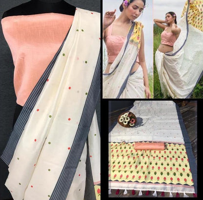 White imported cotton digital printed work saree