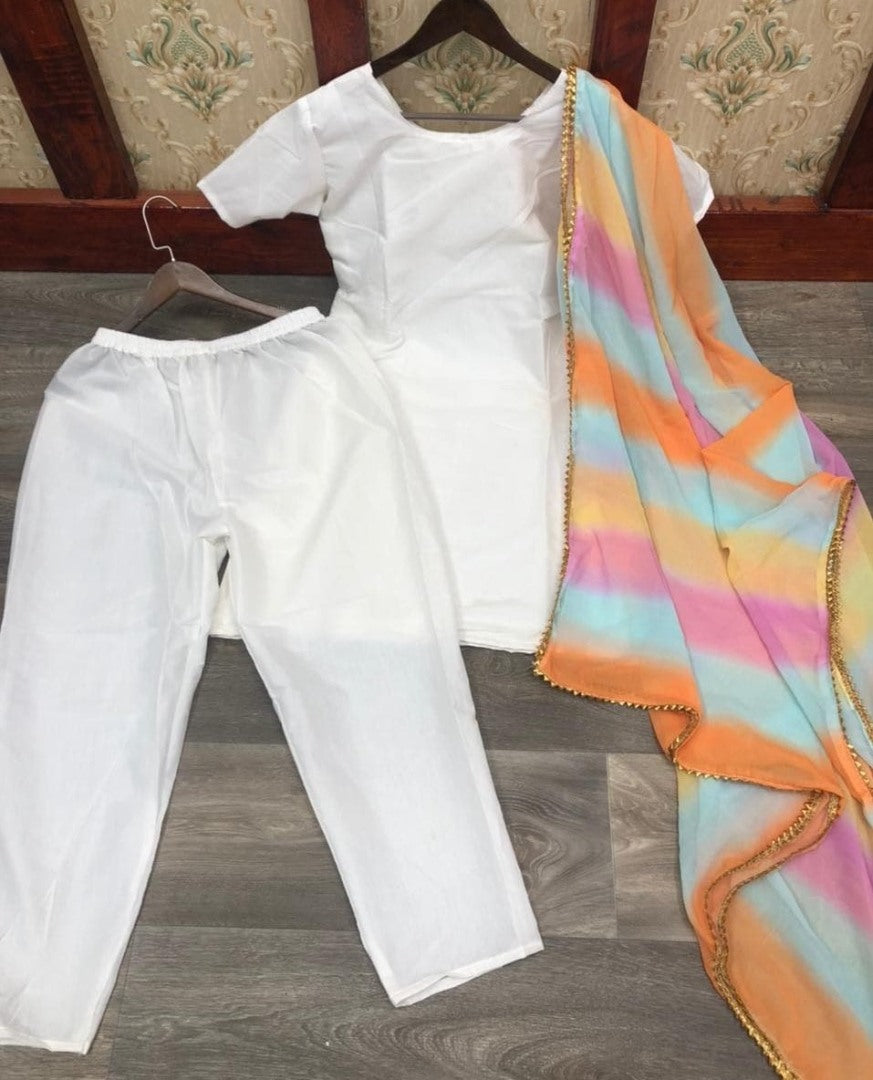 White indo cotton gown with multicolor dupatta