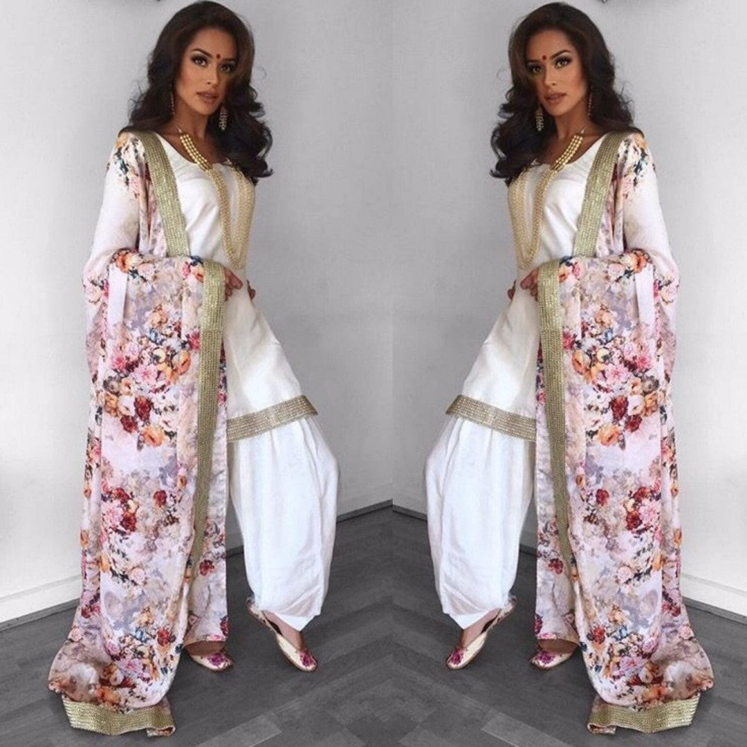 white indo wilk stylist patiyala suit with printed dupatta