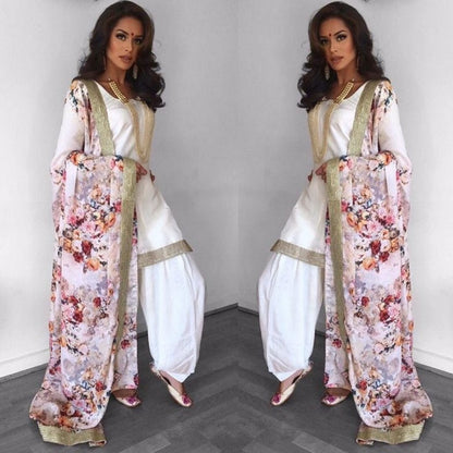 white indo wilk stylist patiyala suit with printed dupatta