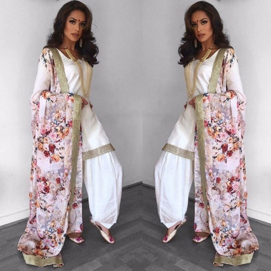 white indo wilk stylist patiyala suit with printed dupatta