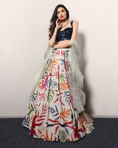 White italian satin digital printed lehenga choli