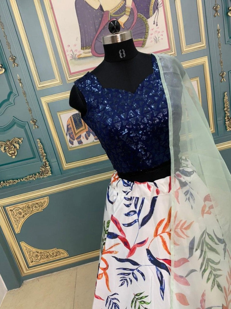 White italian satin digital printed lehenga choli