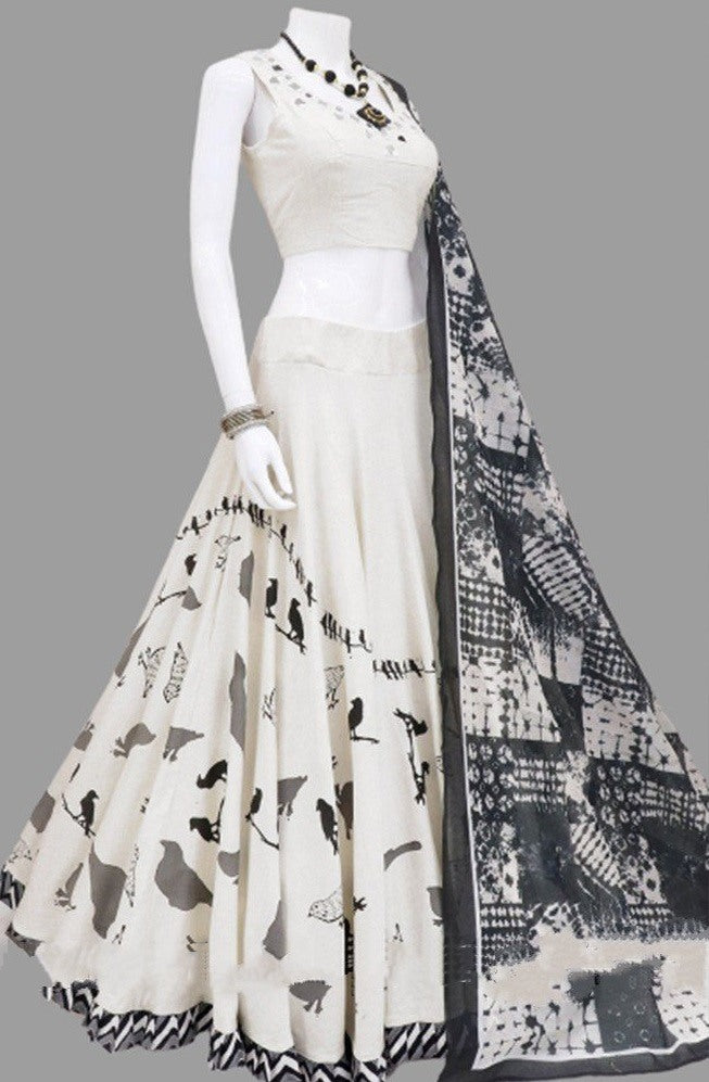 White italian silk digital printed lehenga choli