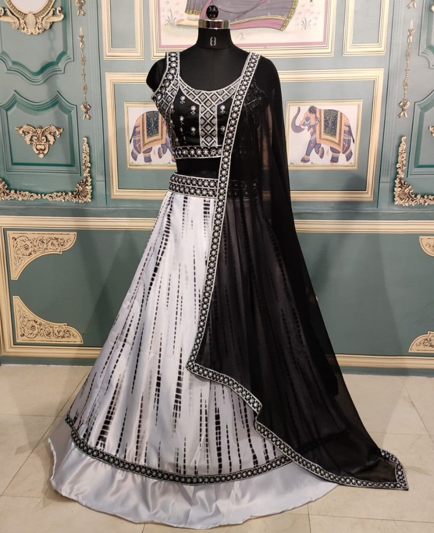 White italian silk digital printed lehenga choli