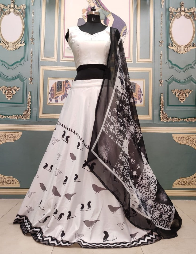 White italian silk digital printed lehenga choli