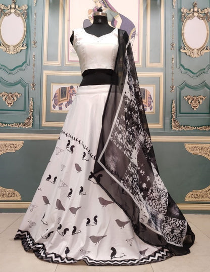 White italian silk digital printed lehenga choli
