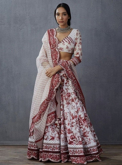 White italian silk digital printed wedding lehenga choli