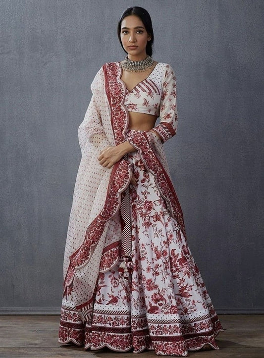 White italian silk digital printed wedding lehenga choli