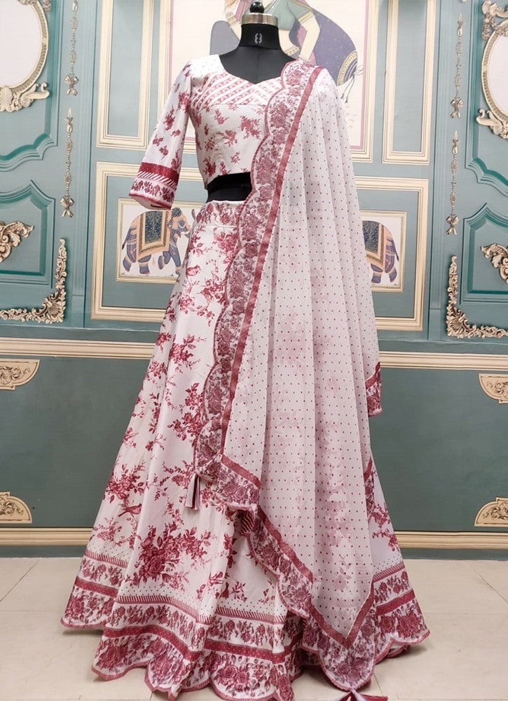 White italian silk digital printed wedding lehenga choli