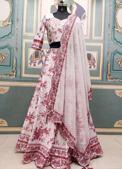 White italian silk digital printed wedding lehenga choli