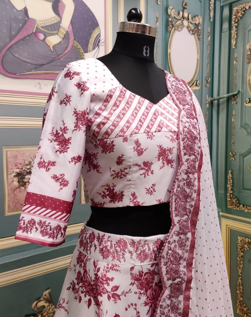 White italian silk digital printed wedding lehenga choli