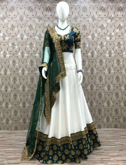 White italian silk embroidered wedding lehenga choli