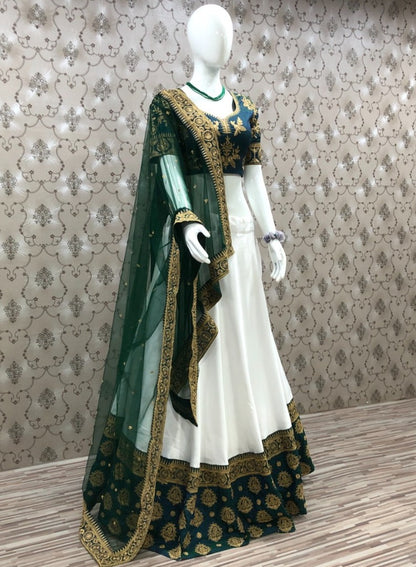 White italian silk embroidered wedding lehenga choli