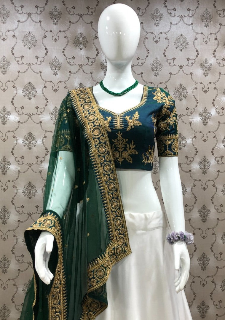 White italian silk embroidered wedding lehenga choli