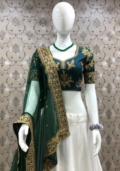 White italian silk embroidered wedding lehenga choli