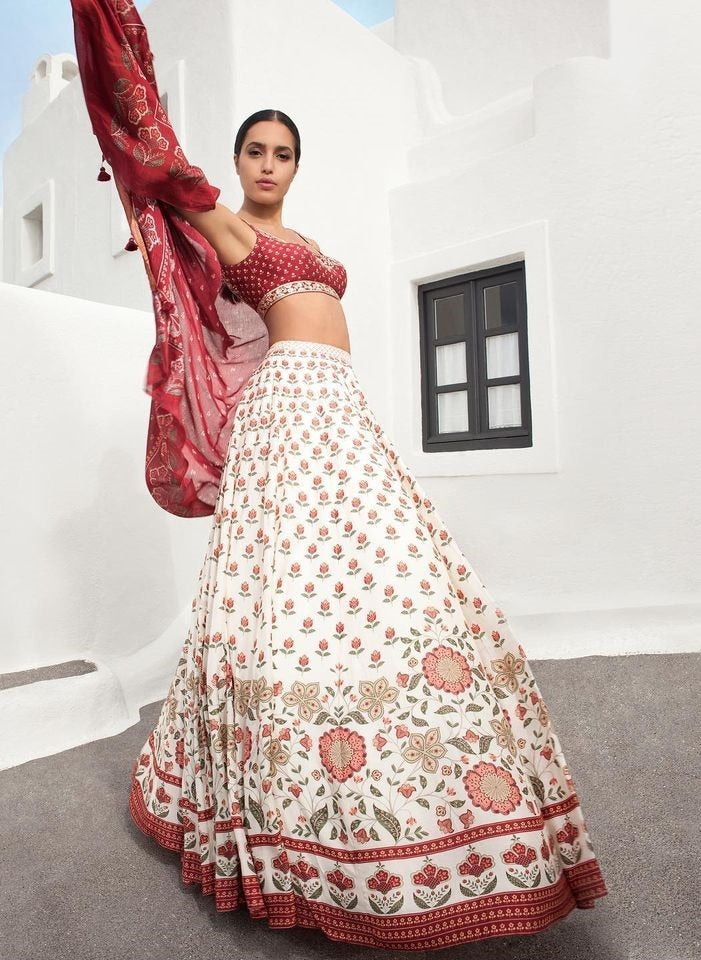 White italian silk printed lehenga choli
