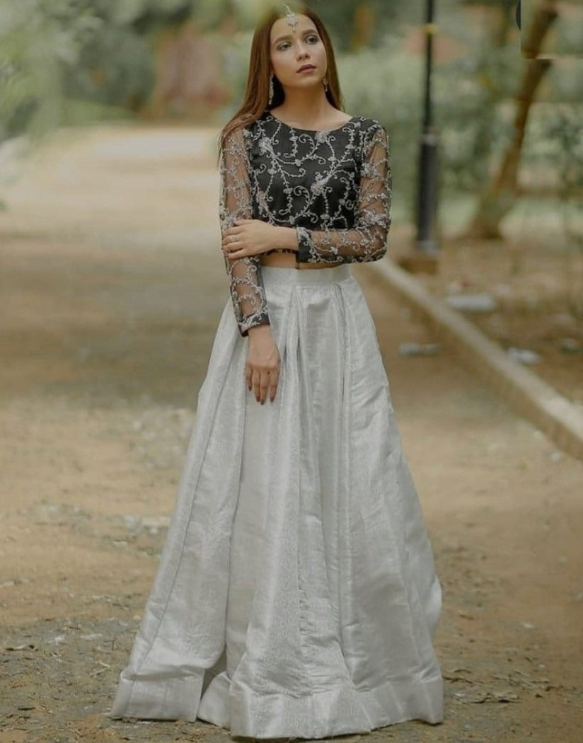 White jacquard lehenga with embroidered crop top