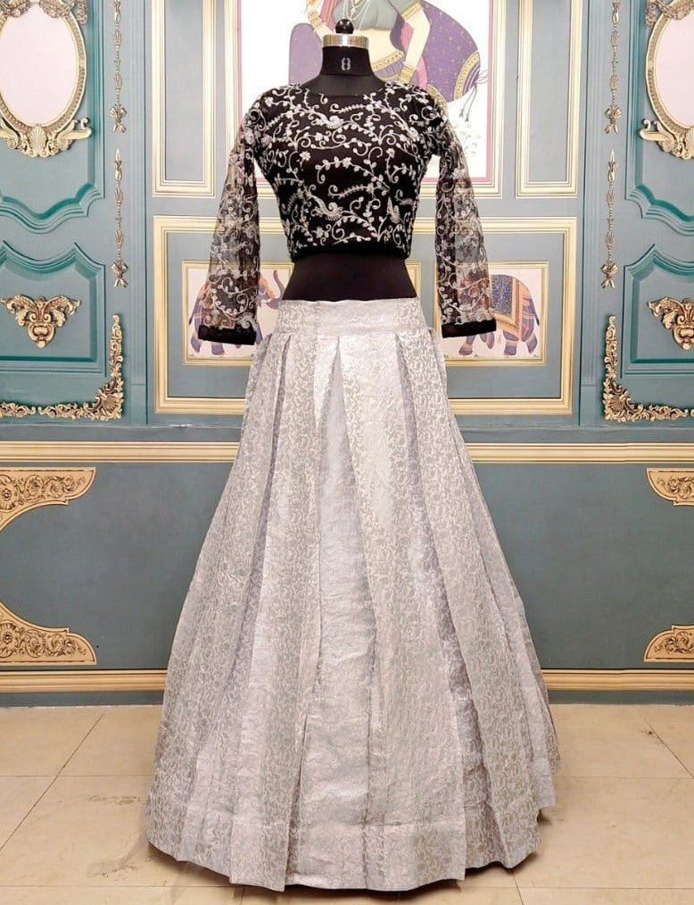 White jacquard lehenga with embroidered crop top