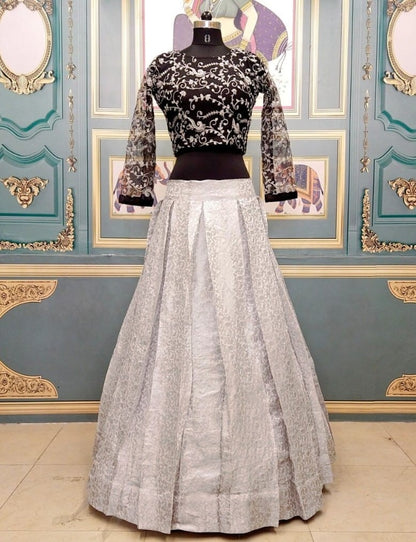 White jacquard lehenga with embroidered crop top